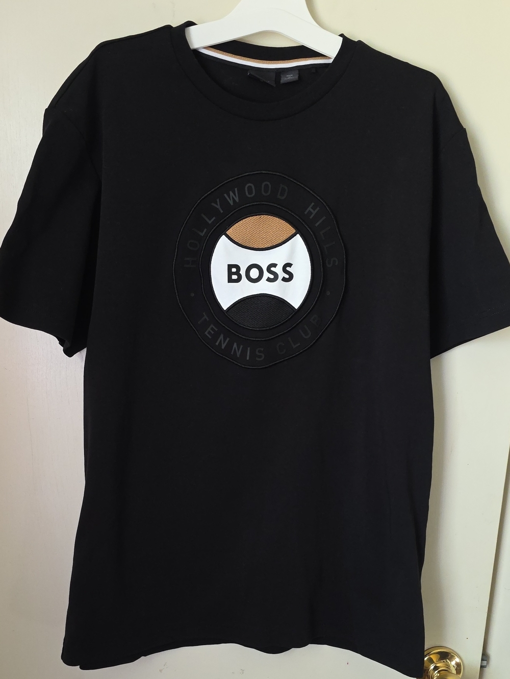 BOSS Black Short-Sleeve Tee with Tan & White Logo Patch